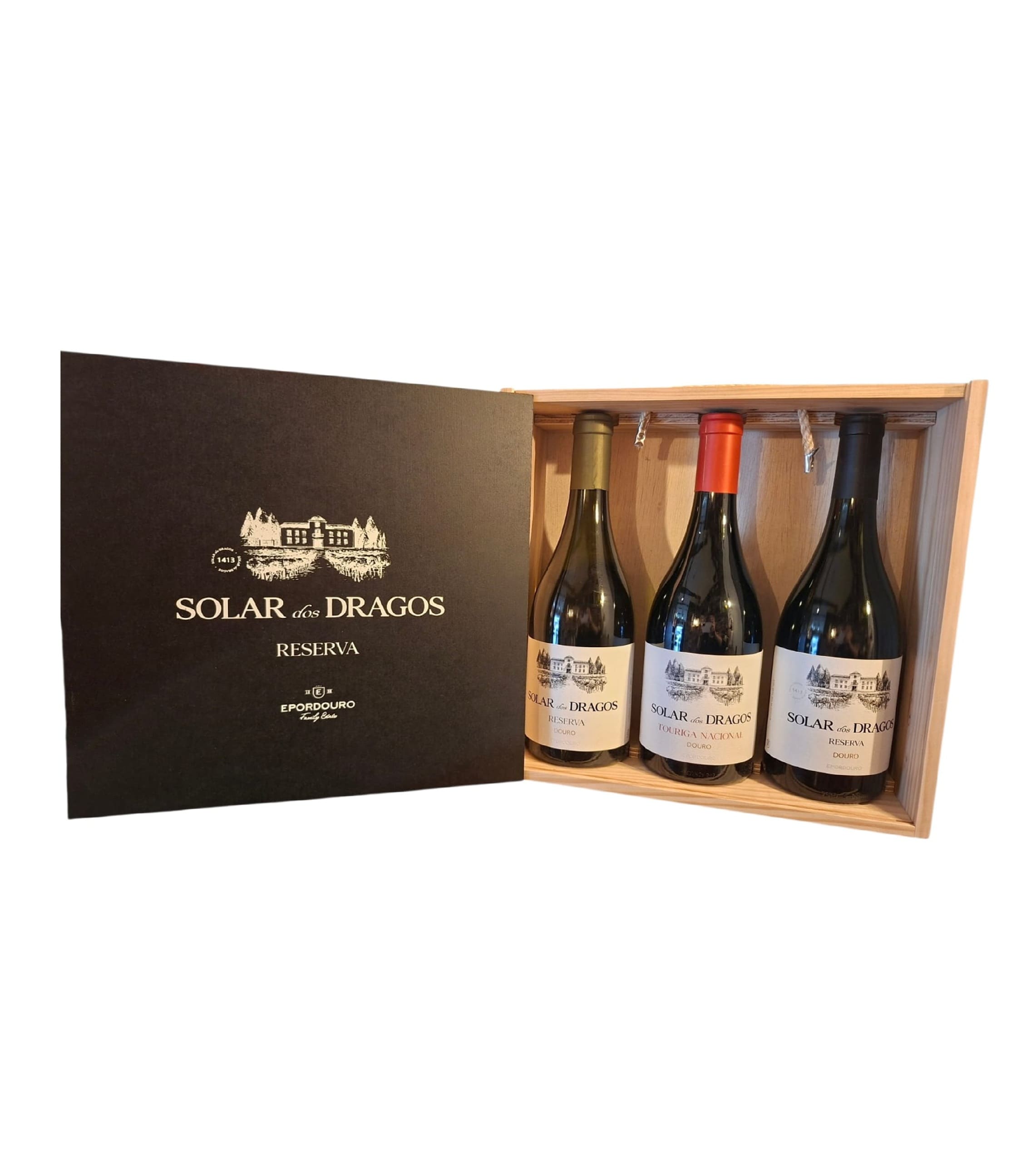 estojo-caixa-de-madeira-conjunto-vinho-maduro-douro-reserva-tinto-branco-touriga-nacional-solar-dos-dragos-garrafeira-silva-sergius