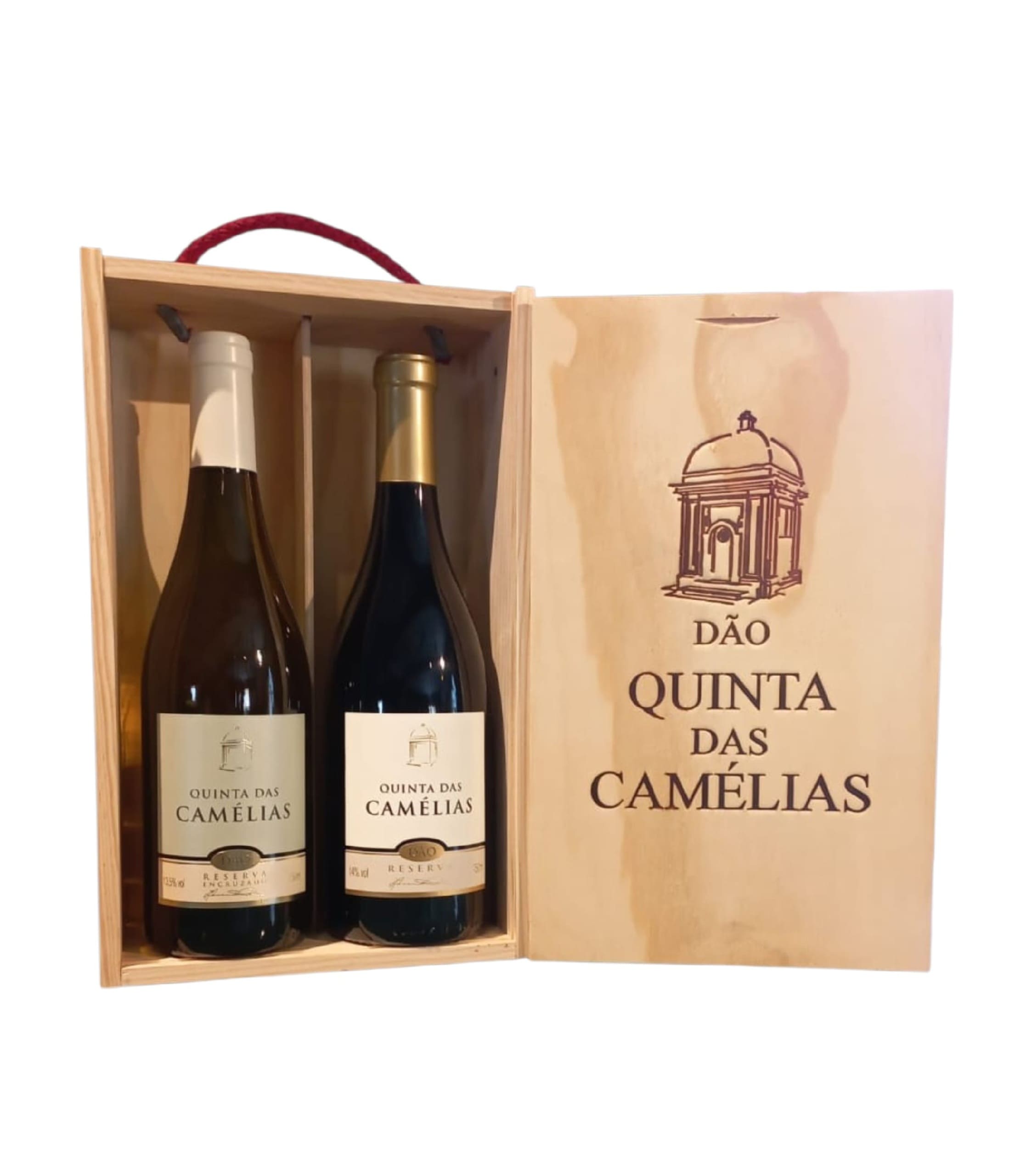 estojo-caixa-madeira-conjunto-2-garrafas-vinho-maduro-reserva-branco-tinto-dao-quinta-das-camelias-garrafeira-silva-sergius